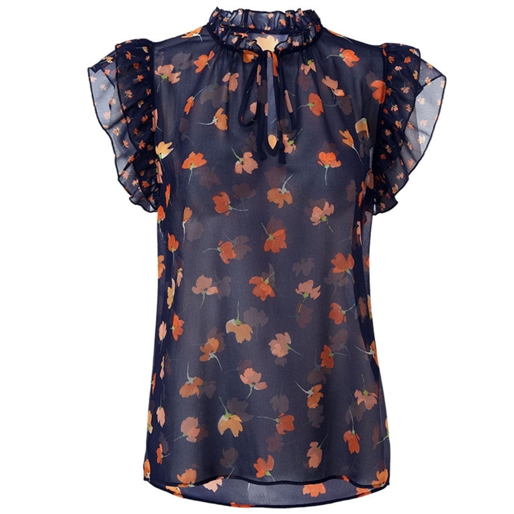 CAbi Spring Blouse - Navy Floral Tie-Neck Ruffle Cap Sleeve Blouse